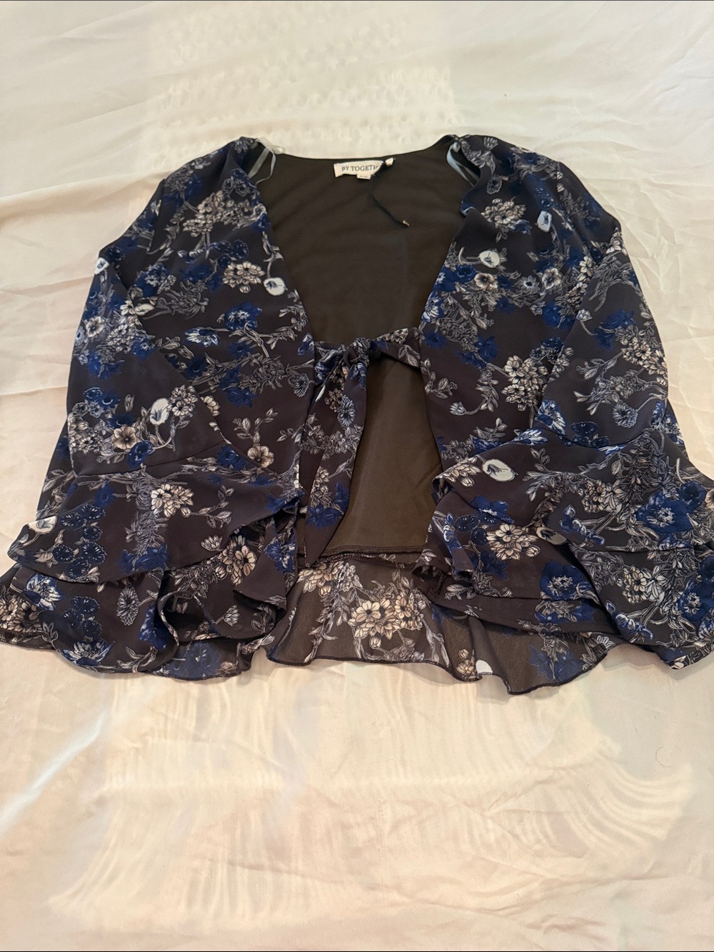 By Together Navy & brown Floral Tie-Front Ruffle Cardigan